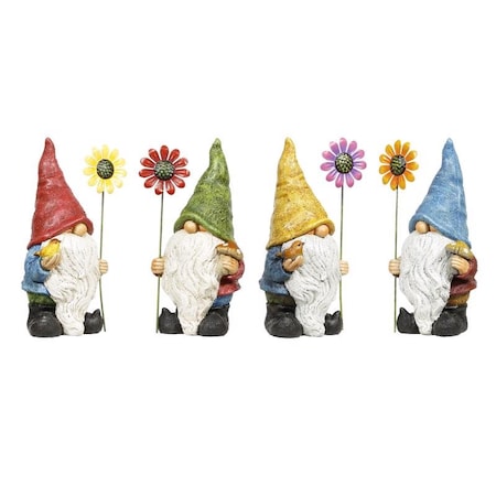 Polyresin Multi-color 10 In. Gnome With Flower Statue, 4PK